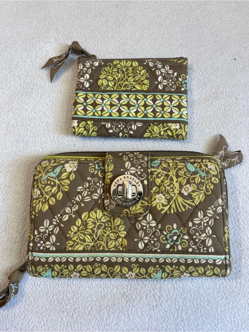 Vera Bradley Brown, Lime Green & Aqua Quilted Wallet Set